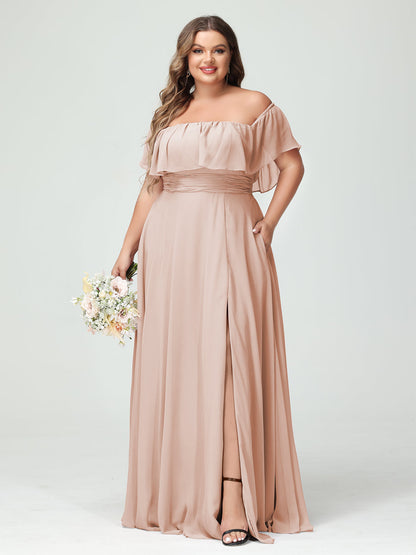 Vestidos Princesa/ Formato A com Decote Em V Sem Mangas Em Chiffon com Divisão Lateral Plus Size com Bolsos