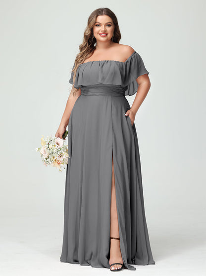 Vestidos Princesa/ Formato A com Decote Em V Sem Mangas Em Chiffon com Divisão Lateral Plus Size com Bolsos