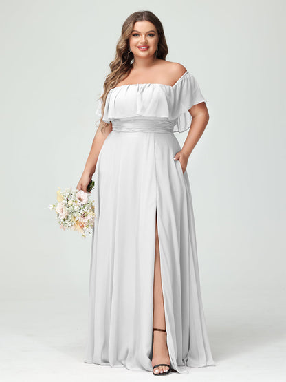 Vestidos Princesa/ Formato A com Decote Em V Sem Mangas Em Chiffon com Divisão Lateral Plus Size com Bolsos