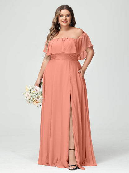 Vestidos Princesa/ Formato A com Decote Em V Sem Mangas Em Chiffon com Divisão Lateral Plus Size com Bolsos