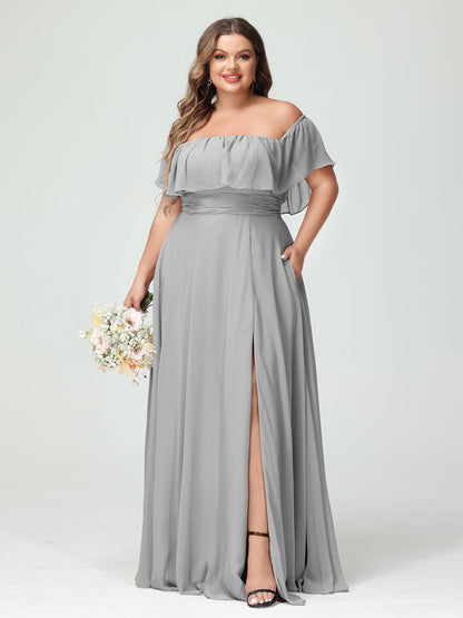 Vestidos Princesa/ Formato A com Decote Em V Sem Mangas Em Chiffon com Divisão Lateral Plus Size com Bolsos