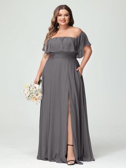 Vestidos Princesa/ Formato A com Decote Em V Sem Mangas Em Chiffon com Divisão Lateral Plus Size com Bolsos