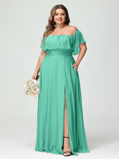 Vestidos Princesa/ Formato A com Decote Em V Sem Mangas Em Chiffon com Divisão Lateral Plus Size com Bolsos