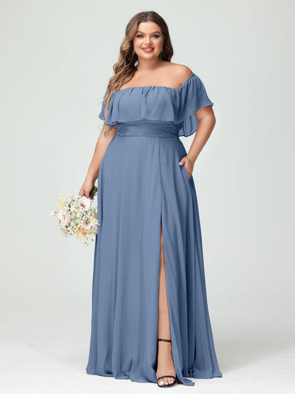 Vestidos Princesa/ Formato A com Decote Em V Sem Mangas Em Chiffon com Divisão Lateral Plus Size com Bolsos