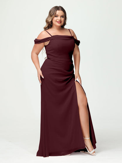 Bainha/Coluna Alças Finas Fora do Ombro Chiffon Split Lado Plus Size Vestidos de Dama de Honra