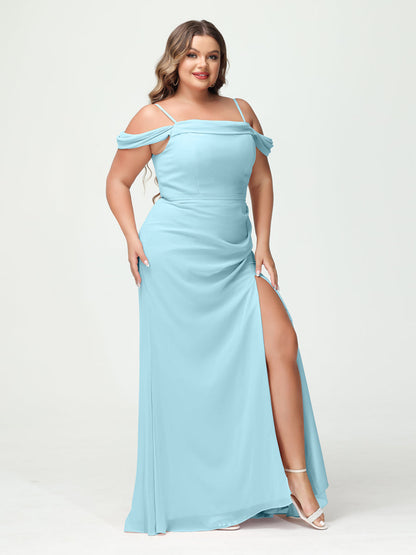 Bainha/Coluna Alças Finas Fora do Ombro Chiffon Split Lado Plus Size Vestidos de Dama de Honra