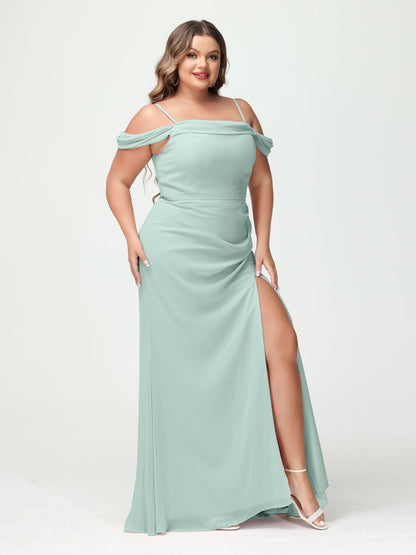 Bainha/Coluna Alças Finas Fora do Ombro Chiffon Split Lado Plus Size Vestidos de Dama de Honra