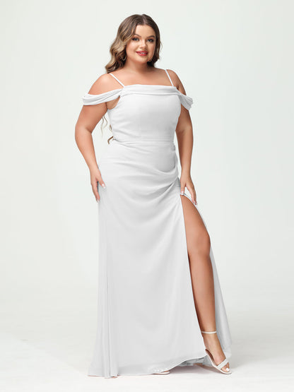 Bainha/Coluna Alças Finas Fora do Ombro Chiffon Split Lado Plus Size Vestidos de Dama de Honra