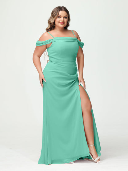 Bainha/Coluna Alças Finas Fora do Ombro Chiffon Split Lado Plus Size Vestidos de Dama de Honra