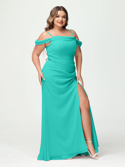 Bainha/Coluna Alças Finas Fora do Ombro Chiffon Split Lado Plus Size Vestidos de Dama de Honra