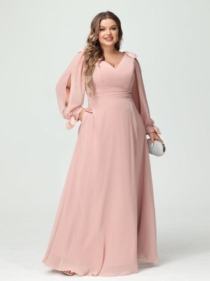 Corte A/Princesa Decote Em V Manga Comprida Chiffon Dividido Lateral Plus Size Vestidos de Dama de Honra com Bolsos