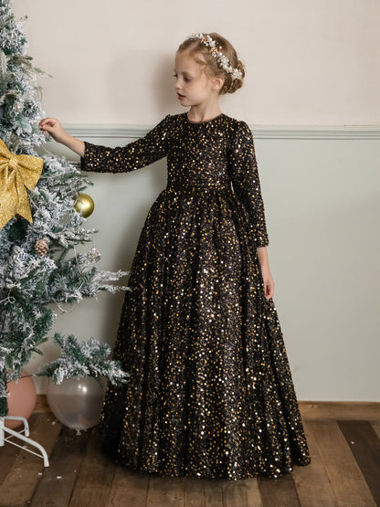 Vestido Feminino de Flores com Gola Redonda e Lantejoulas e Mangas Compridas