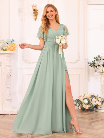 Vestidos Longos de Festa de Casamento Evasê/Princesa com Decote Em V e Laterais Divididas e Bolsos